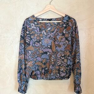 Ann Taylor Floral Long Sleeve Blouse | Blue & Mauve Print | Soft Draped Fit